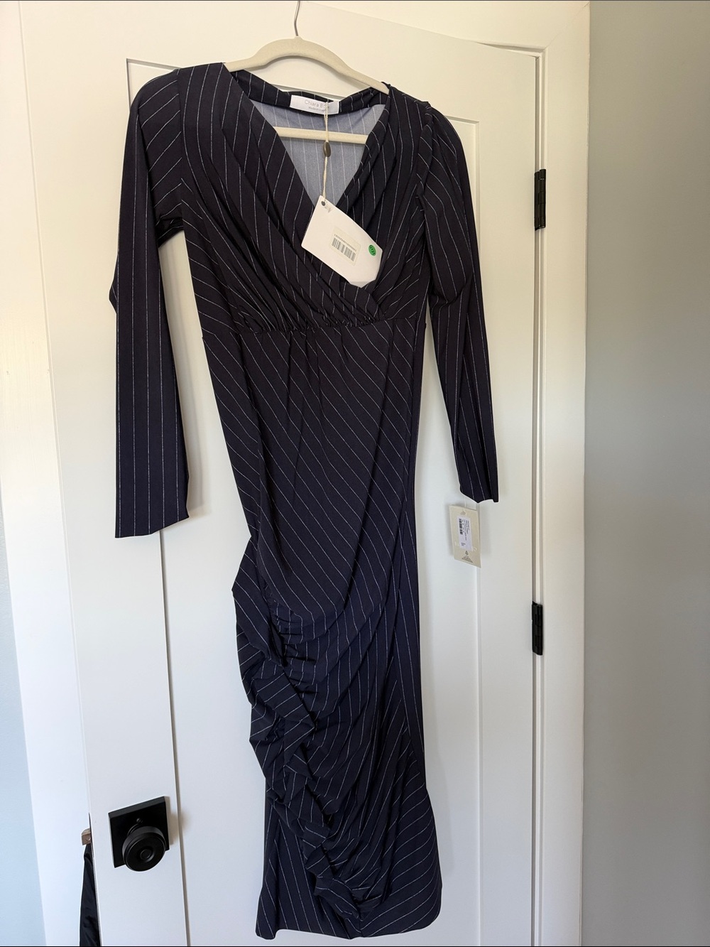 Chiara Boni Navy Pinstripe Wrap-Style Long Sleeve Midi Dress